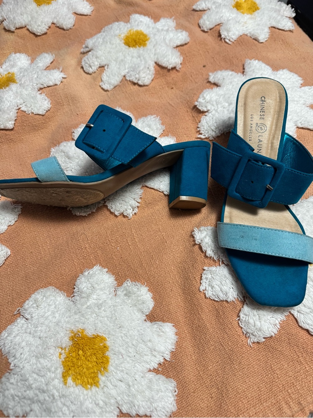 Chinese Laundry Teal Two-Tone Buckle Block Heel Slides